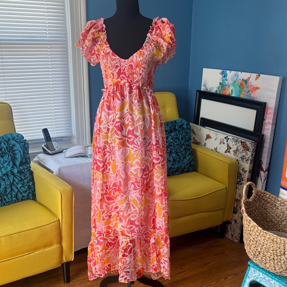 Pink Orange Floral Maxi Dress with Ruffle Hem size small